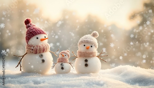 Three adorable snow figures dressed in knitted winter hats and scarves stand together in a snowy landscape during snowfall