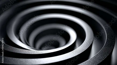 Fototapeta Naklejka Na Ścianę i Meble -  A spiral shape with a black background. The spiral is made of metal and has a shiny, reflective surface. The image has a futuristic and sleek feel to it, with the spiral's smooth curves