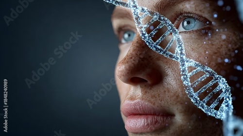 A woman's face is shown with a blue and white DNA strand. The image is a representation of the genetic code that makes up a person's physical features