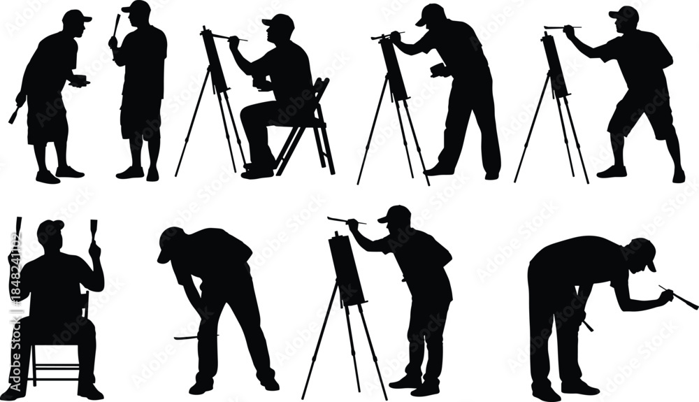Obraz premium Artist silhouettes, painting poses, creative activity, brush and canvas, black vector art, easel interaction, artistic posture, design, illustration, concept