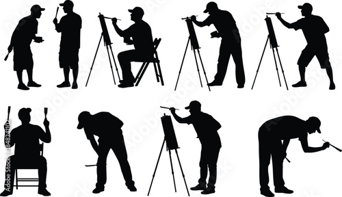 Artist silhouettes, painting poses, creative activity, brush and canvas, black vector art, easel interaction, artistic posture, design, illustration, concept