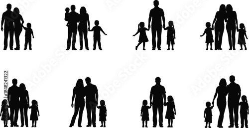 Family silhouettes, diverse family groups, parents and children, walking together, holding hands, black figures, demographic concept, social unity, vector art, illustration