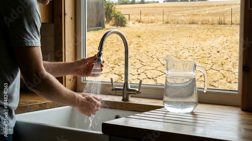 Man washing hands in kitchen sink with drought cracked earth landscape in the window background