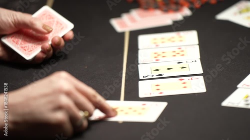 Detailed casino poker video showing dealer hands revealing and positioning playing cards on professional felt table during decisive betting stage
