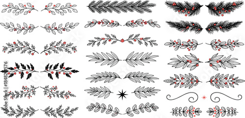Elegant Decorative Christmas Branches and Berries Flourishes for Holiday Designs