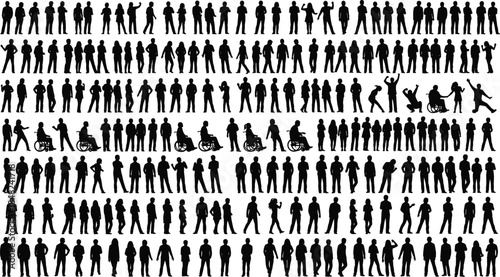 Human silhouettes, diverse poses, walking and standing figures, wheelchair users, expressive gestures, black vector art, inclusion, design, illustration, concept