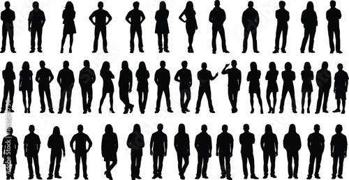 Human silhouettes, diverse poses, standing figures, body shapes, clothing styles, black vector art, posture study, people collection, design elements, illustration