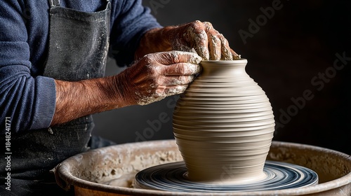 A man is making a vase out of clay. The vase is in the process of being formed and is still wet. The man is wearing an apron and has his hands covered in clay