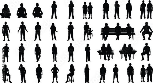Human silhouettes, seated and standing poses, adult and child figures, bench and stool posture, black vector art, design, illustration, concept