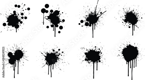Ink splatter silhouettes, black drip patterns, abstract shapes, radial dispersion, graphic texture, vector art, design element, illustration, creative concept