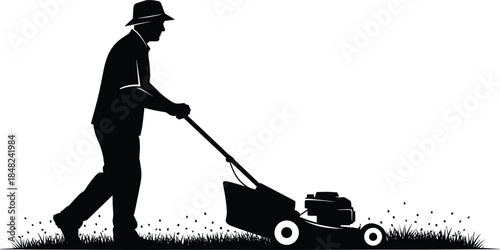 Lawn mowing silhouette, outdoor chore, person with mower, grass cutting scene, black vector art, gardening concept, illustration, design element