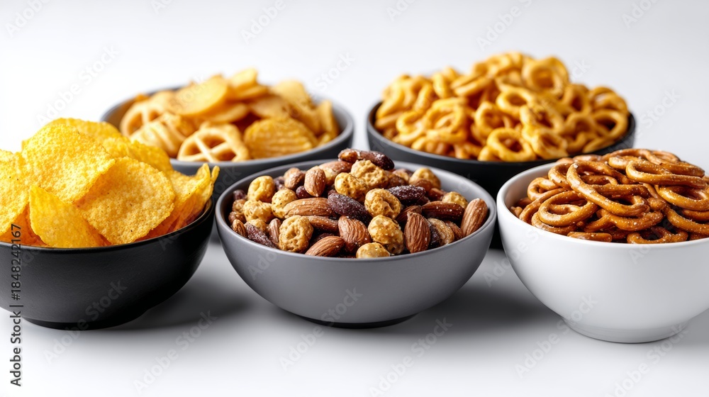 Obraz premium A row of bowls filled with different types of snacks. The bowls are arranged in a row, with the first bowl on the left and the last bowl on the right. The snacks include chips, nuts, and pretzels