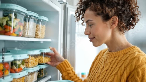 a woman placing a sealed food containers on a refrigerator shelf, surrounded by neatly arranged meal prep containers filled with vegetables and cooked meals