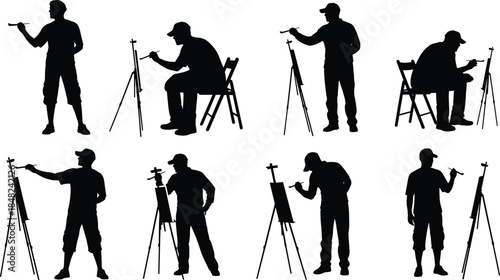 Painter silhouette, canvas and easel, artistic posture, creative gesture, black vector art, painting activity, design element, illustration, concept