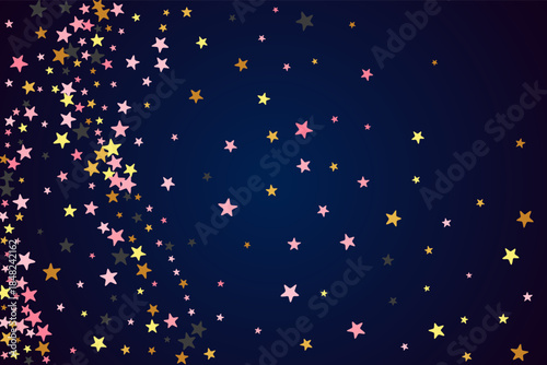 Premium black pink gold stars falling scatter background. Many starburst spangles holiday decoration elements. Baby shower stars falling pattern. Sparkle confetti gift decor.