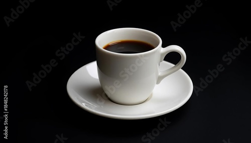 Solitary coffee cup on white saucer against black backdrop, beverage, image