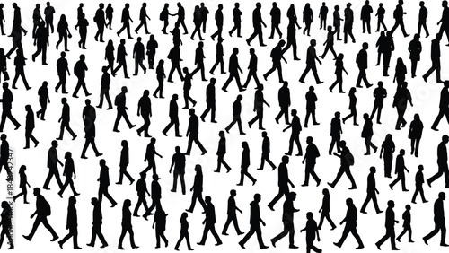 Walking crowd silhouettes, diverse human motion, black vector art, pedestrian movement, urban activity, posture variation, design element, illustration, concept