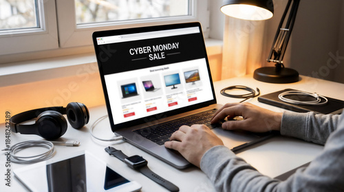 Cyber Monday Computer Shopping Background with Laptop and Electronics