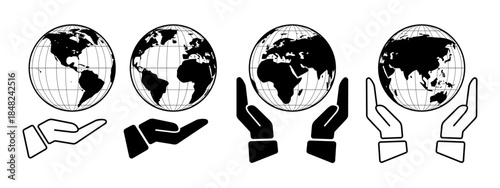 Save the Planet Earth Icon Set – Hands Holding Globe, Environmental Protection, Sustainability and Social Responsibility Line Art Illustration for Earth Day