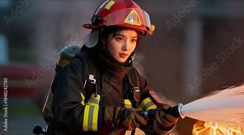 Firefighter Preparing Hose Line During Rescue