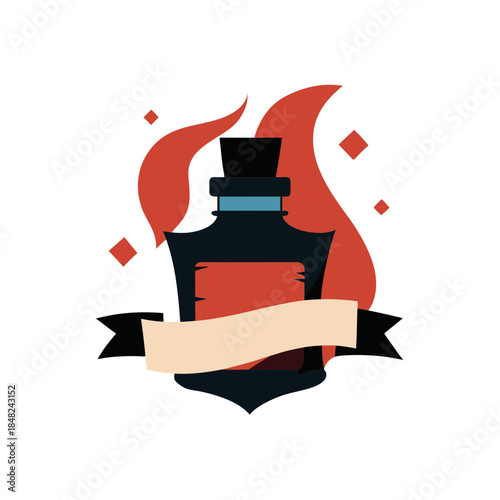 Flaming magic potion bottle with an empty banner for your mystical design