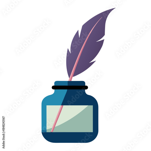 Stylized quill pen and inkwell illustration on black background