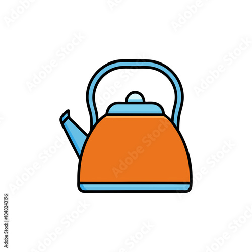A charming cartoon illustration of an orange and blue kettle, perfect for hot beverages