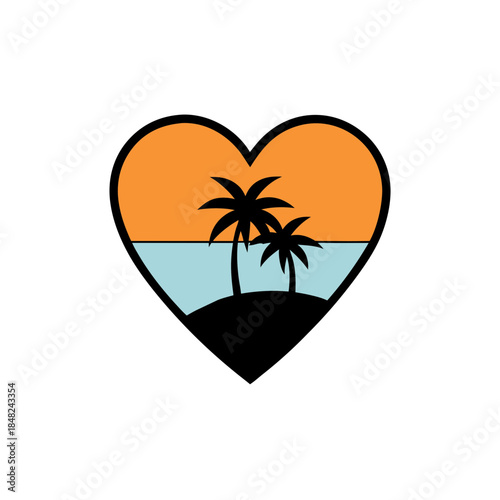 A minimalist heart-shaped logo featuring a serene tropical island sunset with two palm trees