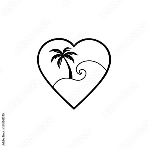 Heart-shaped outline featuring a serene palm tree on an island with a curling wave inside
