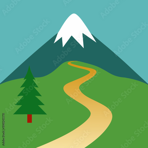 A picturesque winding path leading up a lush green hill towards a majestic snow-capped mountain peak