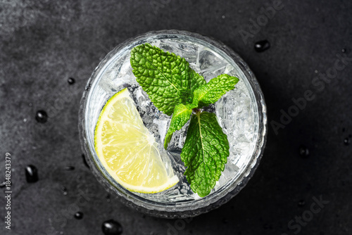 Mojito Cocktail Top View with Lime and Mint with  Ice. Cocktail on Ice