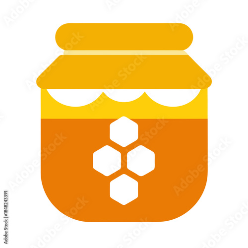 A delightful jar of golden honey with a classic honeycomb design, perfect for sweetening