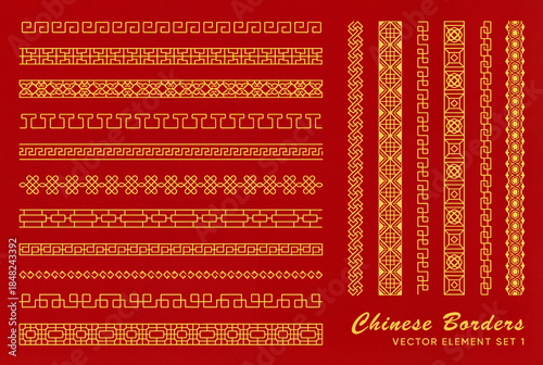 Asian border set in vintage style on red background. Traditional chinese ornaments for your design. Vector golden japanese pattern. Artwork graphic, asian culture decoration