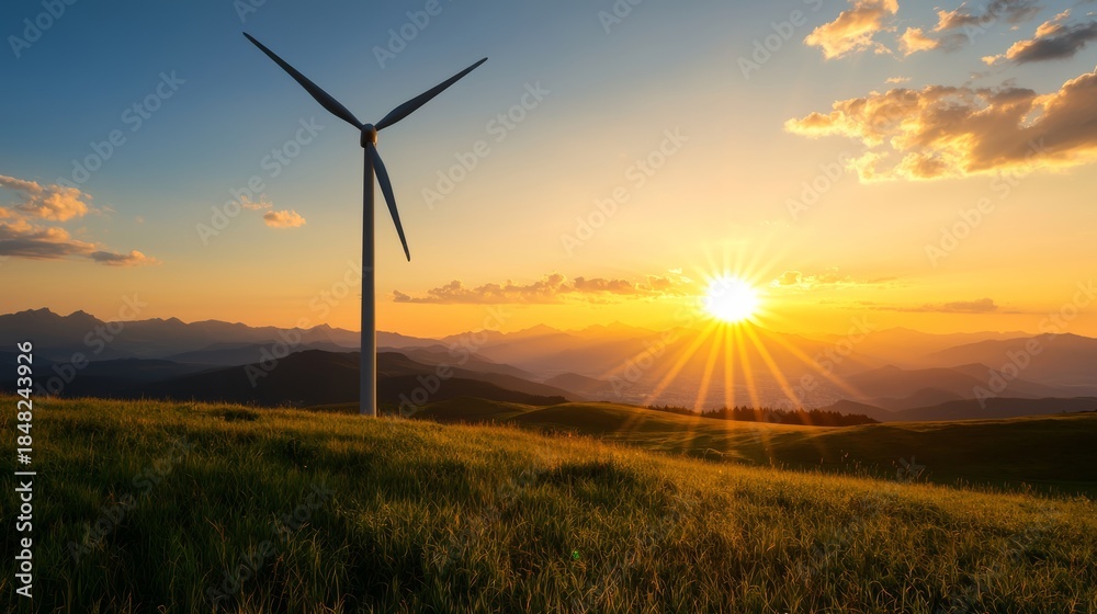 Obraz premium Harnessing renewable energy wind turbine at sunset in mountainous landscape nature photography scenic environment captured viewpoint