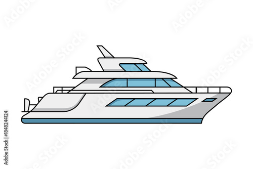 Yacht vector illustration isolated on white background. Ship side view in flat style. Luxury yacht with blue windows for sea travel. Modern motor boat for summer vacation and maritime design