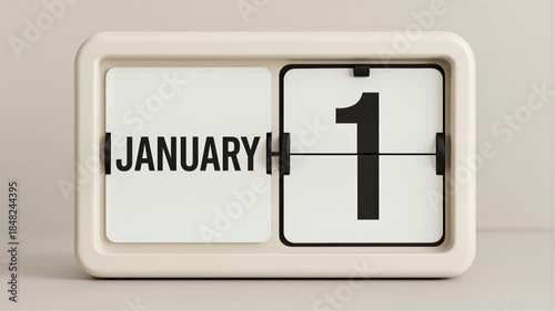 Flip clock calendar changing from December 31 to January 1. New Year's Eve transition to New Year's Day. Lockdown shot.