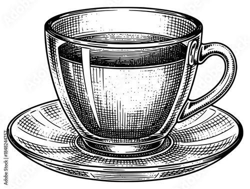a black and white illustration of a cup of tea on a saucer, black, coffee cup, cup, glass, illustration, saucer, tea, water, against transparent background