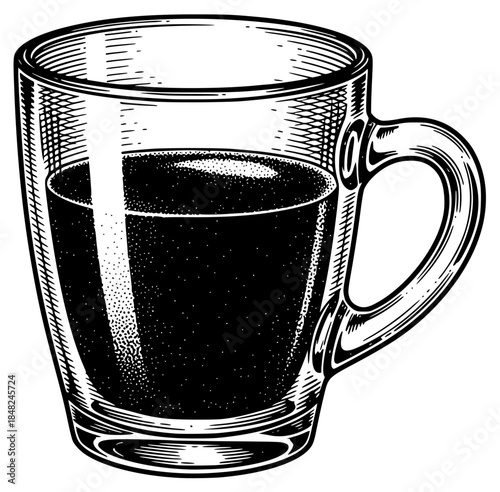 a black and white drawing of a glass or mug with a drink of water, beverage, black, cup, drawing, drink, glass, illustration, liquid, mug, water, against transparent background