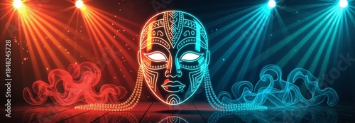Glowing neon tribal mask for Mardi Gras celebration. Duality concept with red and blue lights on dark stage. Mysterious carnival and festival background