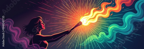 Mardi Gras celebration with woman holding flaming torch. Vector banner for carnival parade. Symbol of power, freedom, and enlightenment.