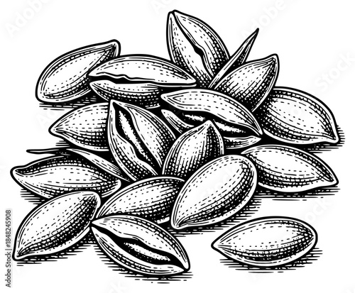 a drawing of a bunch of nuts in their shells, vintage line drawing or engraving illustration, almond, black, drawing, illustration, nut, seed, shell, against transparent background