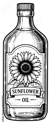 an illustration of a bottle of gin with a sunflower on the label, black, bottle, illustration, ink, label, sunflower, against transparent background