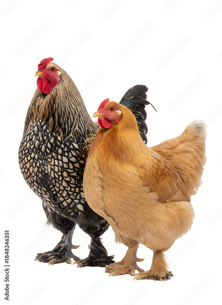 Fototapeta premium Rooster and hen standing together, farm poultry
