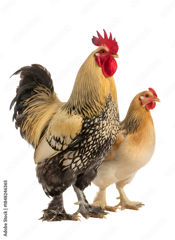 Fototapeta premium Rooster and hen standing together on transparent background