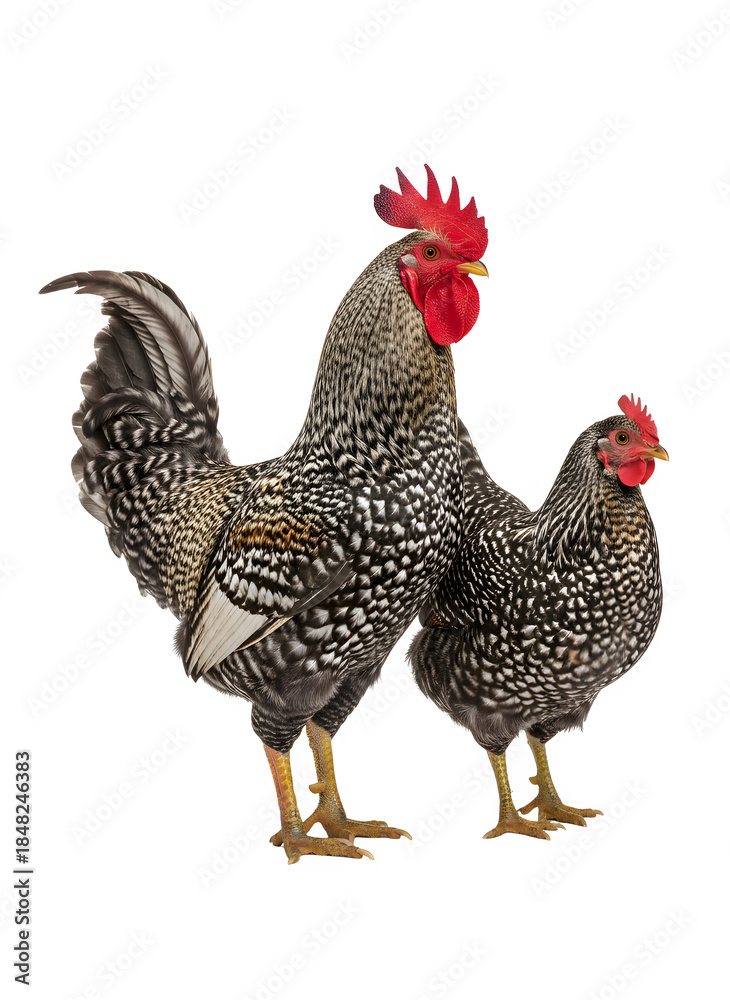 Fototapeta premium Barred rock rooster and hen standing on transparent background