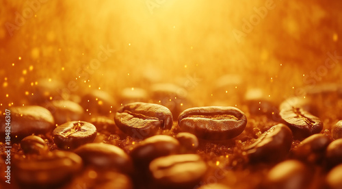 Coffee beans scattered on a textured surface, illuminated by warm golden light, creating a cozy atmosphere, highlighting the rich aroma and flavor of freshly brewed coffee