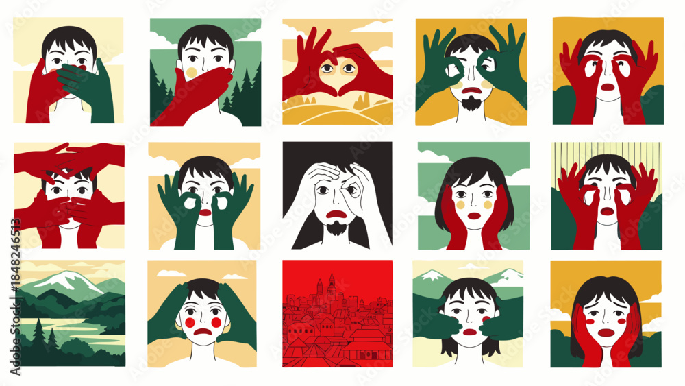 Fototapeta premium Diverse Emotions and Expressions: A Collage of Human Faces and Hands Showing Feelings and Perceptions