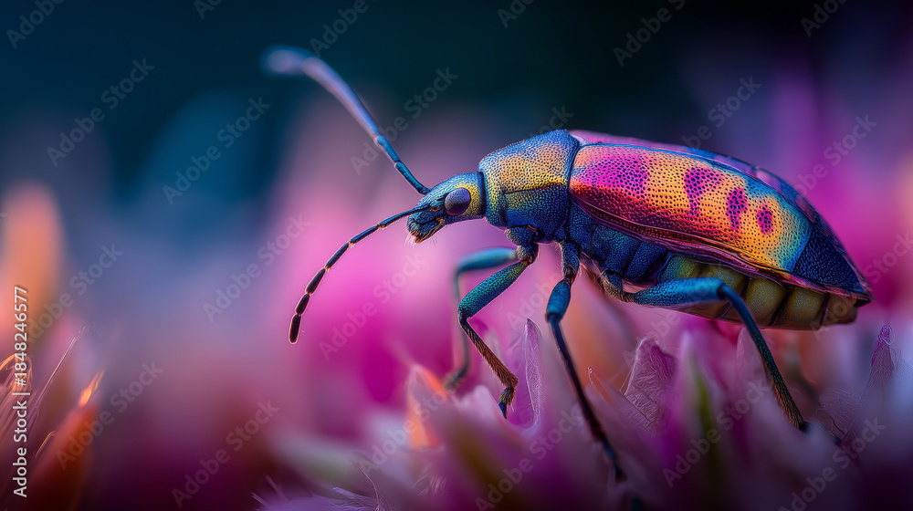 Fototapeta premium Iridescent Beetle With Colorful Pixels On Pink Flower Macro Photography