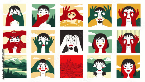 Diverse Emotions and Expressions: A Collage of Human Faces and Hands Showing Feelings and Perceptions
