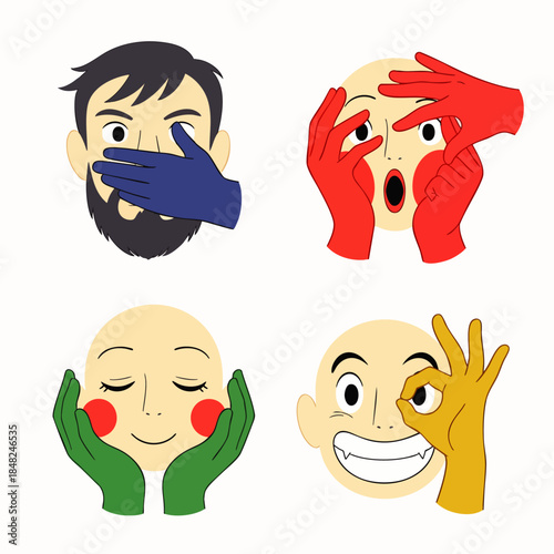 Four cartoon faces showing different emotions and reactions, covering eyes, mouth, and face with hands
